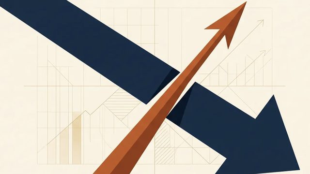 Two crossing arrows over a faint chart grid: a navy arrow pointing down, an orange arrow pointing up.
