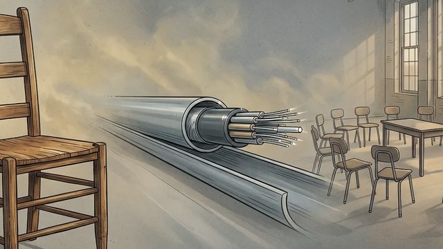 Illustration of a fiber-optic cable rushing toward a classroom of empty chairs.