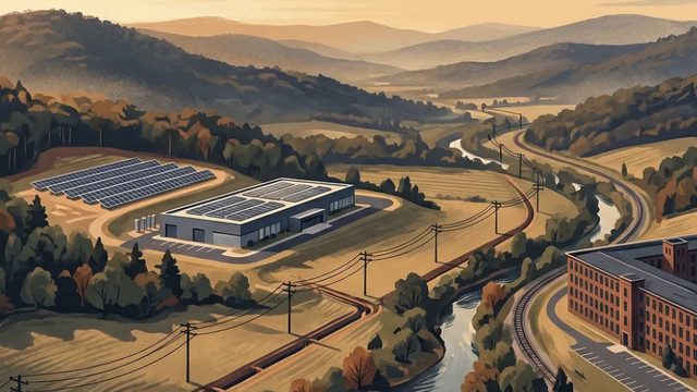 Illustrated aerial of a foothills valley holding a data center with solar arrays and a red-brick textile mill.