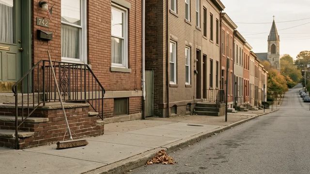 A brick rowhouse street with a broom leaning against a swept stoop and a church steeple beyond.