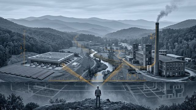 Aerial blue-grey view of a Catawba County valley with a data center, a textile mill, and amber data lines.