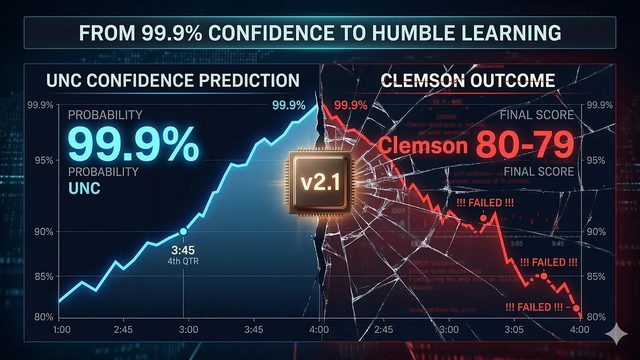 A basketball prediction dashboard: a 99.9% confidence line meeting a shattered outcome where the final score went the other way.