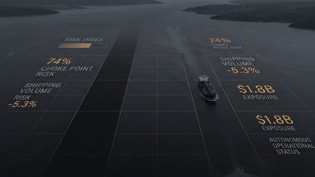 Aerial strait in blue-grey monochrome with a single cargo ship and amber data overlay reading shipping and exposure figures.