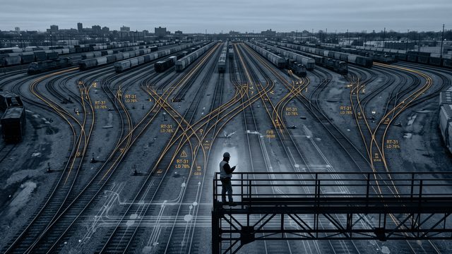 A railway switching yard at dawn with tracks diverging under an amber data overlay.