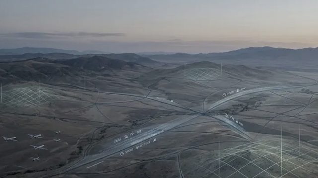 Aerial desert at dusk with military drones and converging flight paths under a faint data grid.