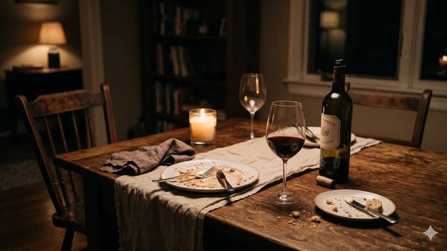 A candlelit dinner table for one, two empty plates, a half-full glass of wine, and an unopened bottle, no one seated.