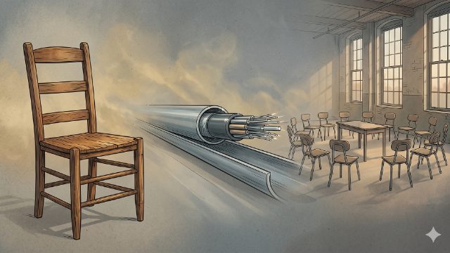 An editorial illustration: a handmade wooden chair, a fiber-optic cable cross-section, and an empty classroom of arranged chairs.