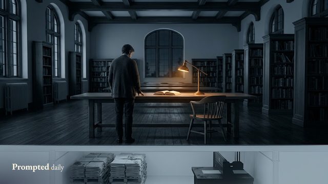 A figure at a reading-room table beside an amber lamp and open book, with stacked loose pages and a cutting machine in a cutaway beneath the floor.