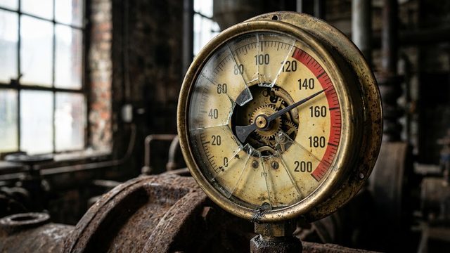 A cracked antique pressure gauge with the needle in the red zone and exposed brass gears.