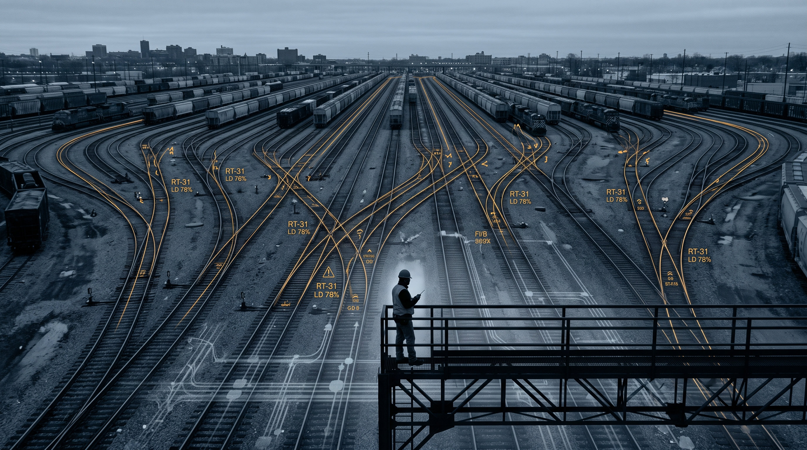 Aerial view of a railway switching yard at dawn, an amber data overlay tracing the diverging tracks toward different destinations, a lone switch operator on a foreground gantry.