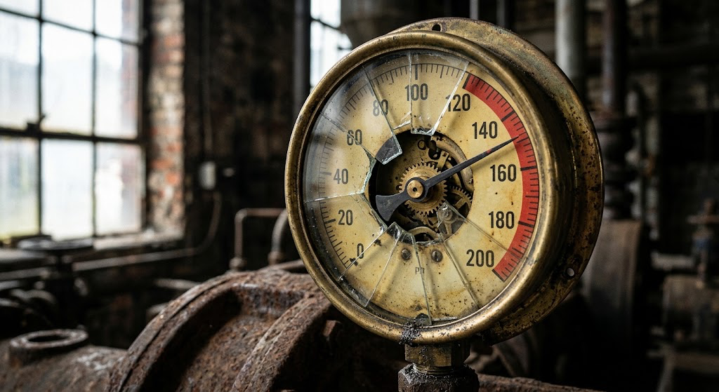 A cracked antique pressure gauge in a dim industrial room, needle pushed into the red zone above 140, shattered glass over the face, exposed brass gears visible through the broken pane.